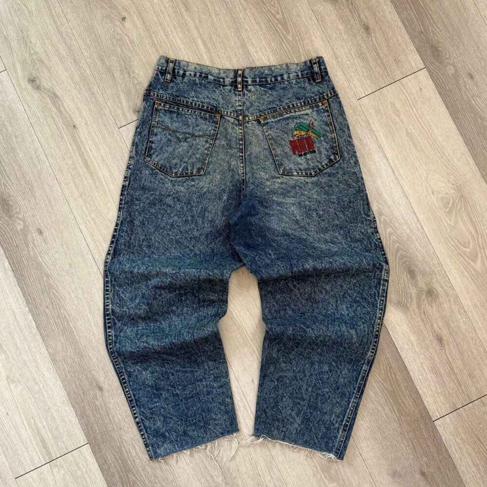Rare Vintage Puma In Action Men's Acid Wash Blue Denim Jeans - Size 34x28